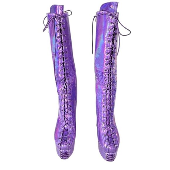 Frankie Hsu Purple Hologram Oil Slick Platform lace Boots Patent vegan leather - Picture 2 of 14
